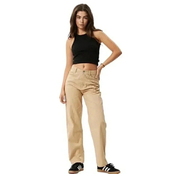 Afends Shelby Long Wide Leg Pants 10 (W32) Tan High Rise Hemp Blend Pockets NWT - Picture 1 of 16